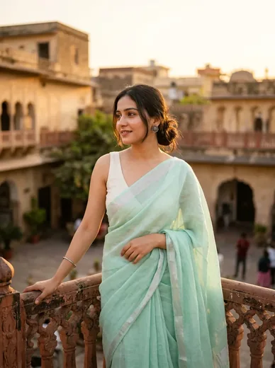 Mint Green Linen Saree Sunset Balcony Photo Prompt