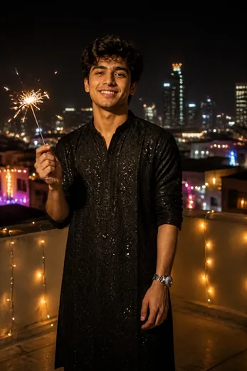 Modern Chic Black Kurta Diwali Sparkler Prompt