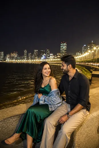 Mumbai Marine Drive Night Date Couple Photo (Gemini AI)