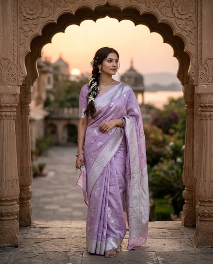 Pastel Lilac & Silver Saree Architectural Golden Hour