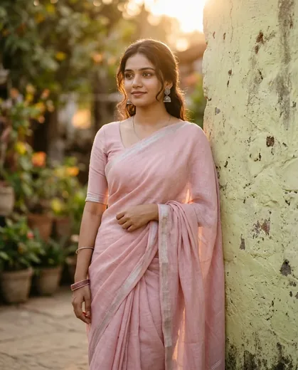 Pastel Pink Linen Saree Golden Hour AI Portrait