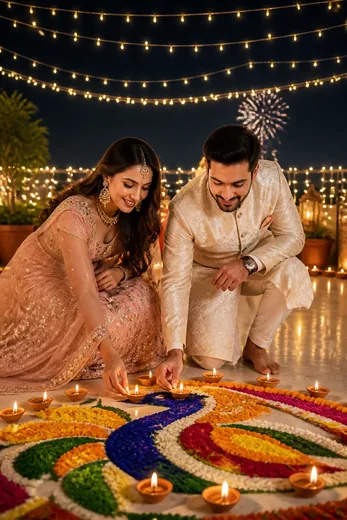 Romantic Couple Diwali Terrace Celebration Prompt