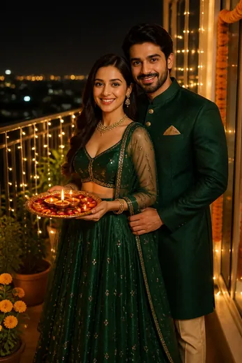 Romantic Diwali Balcony Couple Portrait Prompt