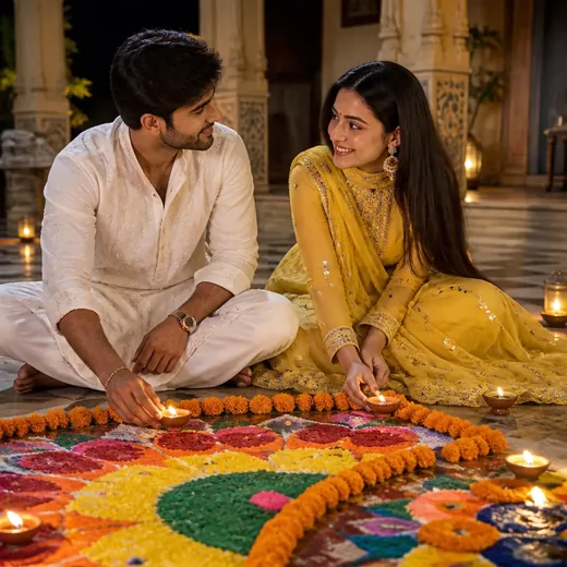 Romantic Diwali Couple Rangoli Making Portrait
