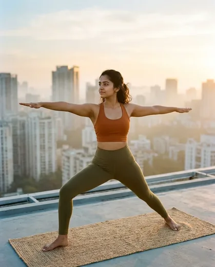 Rooftop Sunrise Yoga Warrior Pose Photo Prompt