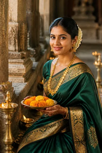 Traditional Banarasi Saree Temple Festive Photo Prompt