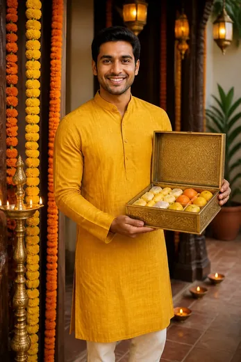 Traditional Diwali Mithai Box Kurta Photo Prompt for Boys