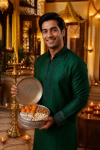 Traditional Diwali Mithai Box Royal Kurta AI Prompt