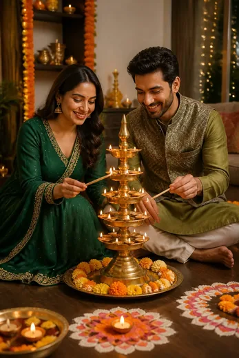 Traditional Living Room Diya Lighting Couple Prompt