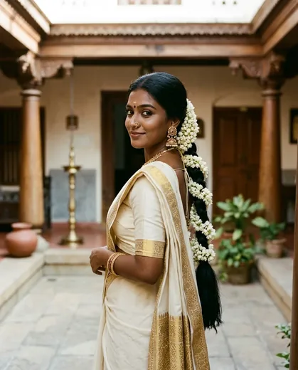 Vintage South Indian Ivory Saree Mallipoo Portrait